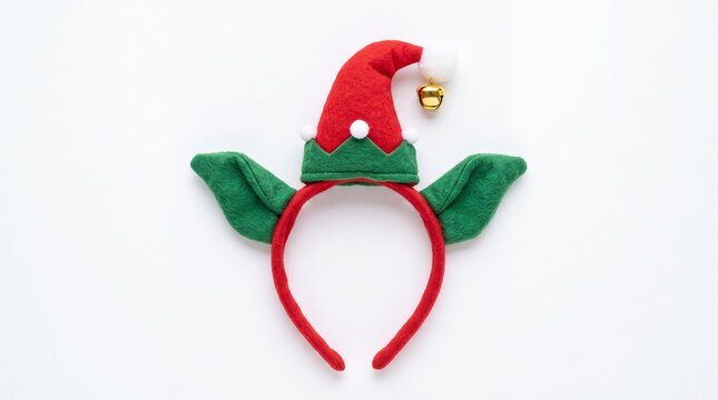Felt elf headband featuring green pointed ears and a red cap with gold bell on white background