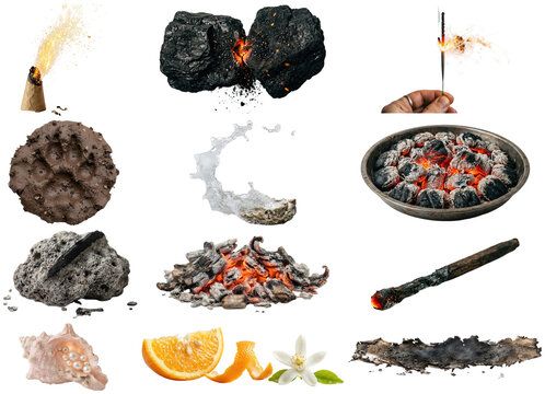 A varied collection of natural texture objects, coastal fragments, and glowing ember details isolated on white.