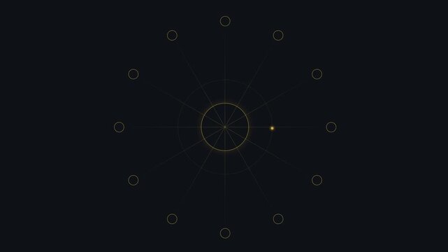 Futuristic golden HUD circular interface with rotating dot on dark background, high tech digital radar or celestial navigation map animation for science fiction and technology concept visuals.