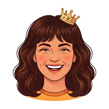 Smiling young woman with brown wavy hair wearing a tiny golden crown