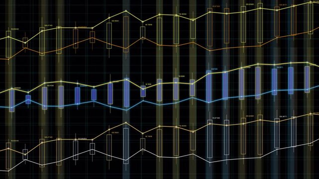 Abstract financial trading chart with candlestick patterns and digital lines showing market data trends on a overlay background for business analysis