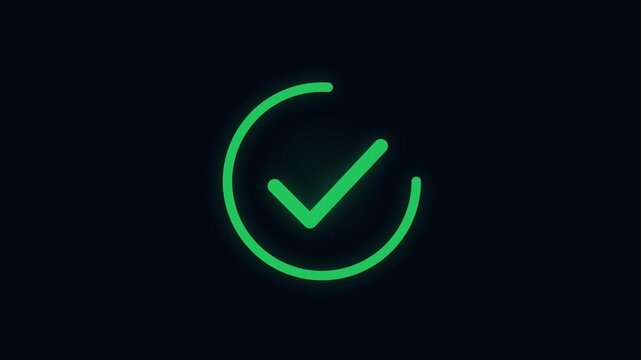 Animated green neon checkmark symbol glowing in a circle on a dark background, representing success, completion, task finished, and approved status for digital user interface and motion graphics.