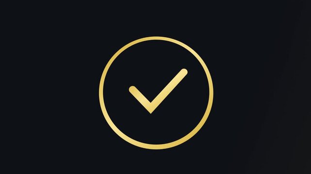 Elegant animated golden checkmark icon inside a circle appearing on a luxury dark background, representing success, premium verification, completed tasks, quality assurance, and professional approval.