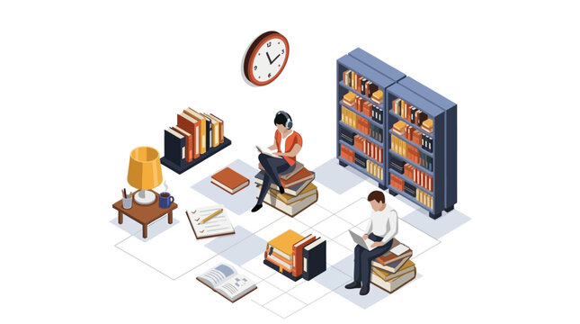 Isometric vector illustration of young people studying with laptop and headphones in library setting with books