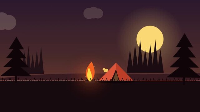 Silhouette of campers and a campfire in a forest at night with full moon, motion loop video