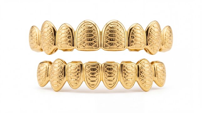 Shiny golden grillz with detailed snake scale texture for hip hop fashion style on white background