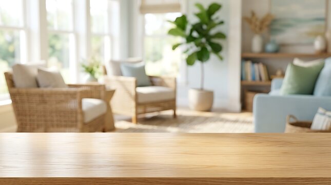Empty wooden table top with blurred modern living room background for product presentation in a bright cozy home scene.