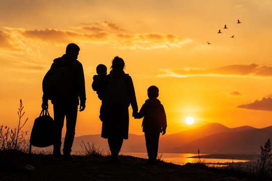 Family walking together at sunset on coastal hillside