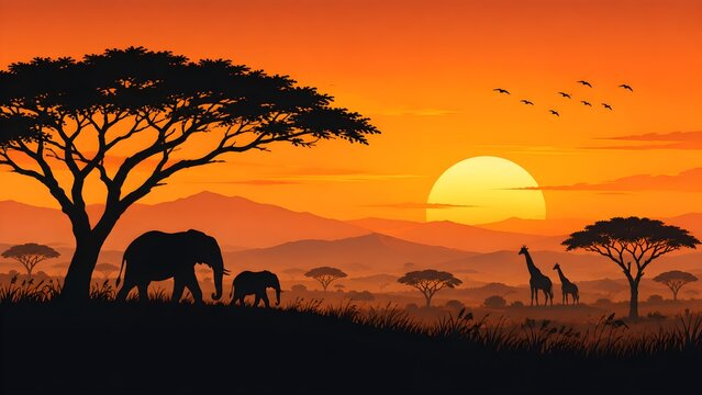 African savanna silhouette at sunset with elephants, giraffes, acacia trees, distant mountains, and flying birds, creating a dramatic wildlife landscape background.