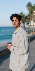 Fototapeta premium Young man standing on seaside promenade holding coffee cup with palm trees and ocean view for lifestyle portrait and travel banner design