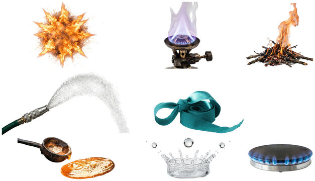 A varied collection of isolated liquid, ribbon, metal, fire, spray, and gas energy effects with dynamic motion and dramatic texture.