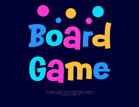 Vector Creative icon Board Game. Bright Plauful Font. Artistic set of Funny Colorful Alphabet Letters and Numbers.