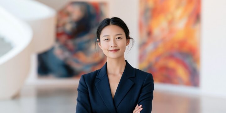 Confident professional woman in navy blazer portrait in modern gallery setting for corporate profile banner and business website background