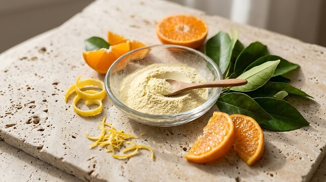 Green herbal face mask in a small glass bowl with fresh orange slices and green leaves on a stone desk