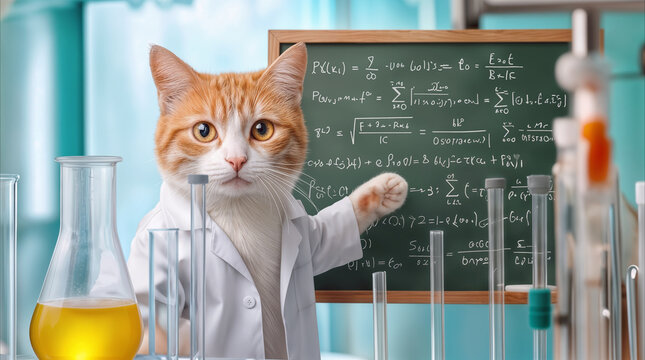 Ginger tabby cat wearing lab coat pointing at chalkboard with mathematical equations. Feline scientist conducting research in chemistry laboratory with test tubes.