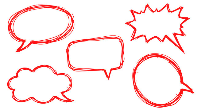 Red hand drawn speech bubbles set with comic style talk clouds and message frames isolated on transparent background
