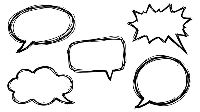 Black hand drawn speech bubbles set with comic style talk clouds and message frames isolated on transparent background