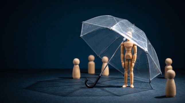 Wooden figures under a transparent umbrella in a dark setting.