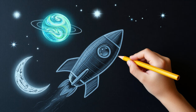 Hand drawing rocket chalkboard art space scene pencil sketch star moon planet sketch drawing hand