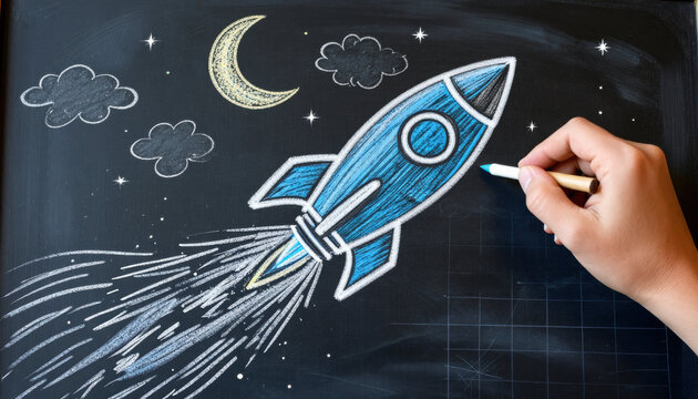 Rocket drawing chalk art hand drawing blue rocket space theme blackboard background child hand chalk pencil moon cloud starry sky rocket illustration space toy school art creative lesson education