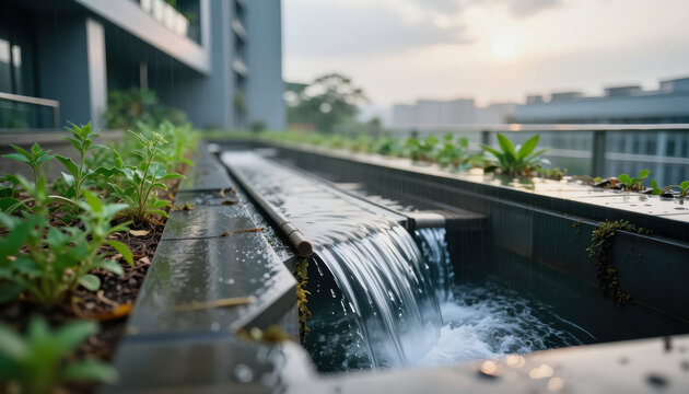 Water feature rooftop garden urban landscape modern building green plant flowing water cloudy sky outdoor space reflection pool city view