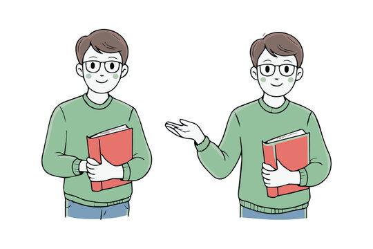 reader character set two poses glasses book casual outfit vector