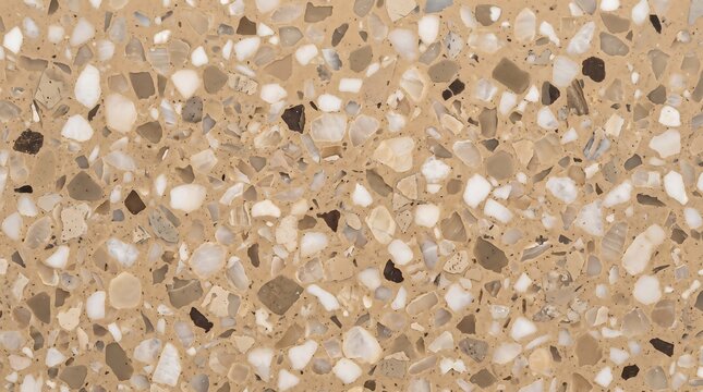 Modern terrazzo flooring surface featuring beautiful cream colored concrete base mixed with small smooth white and brown stone fragments for decorative interior design or architecture projects