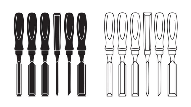 wood chisels silhouette with line art vector icon design
