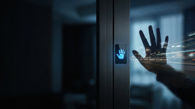Automatic glass door opening with illuminated hand sensor and reflected person in dark modern entrance