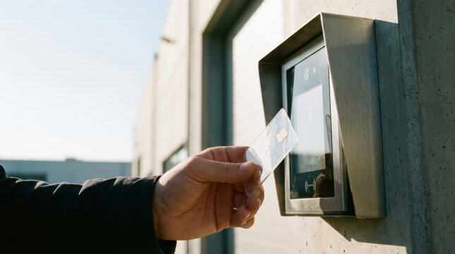 Hand holding transparent access card near electronic reader at building entrance