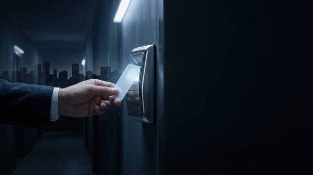 Hand swiping glowing card through sleek reader beside elevator in dark modern office, creating secure contactless access atmosphere