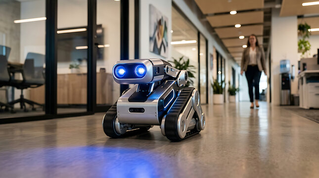 Autonomous delivery robot navigating indoor office corridor.
