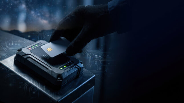 Hand placing smart security chip onto heavy duty reader in dark laboratory