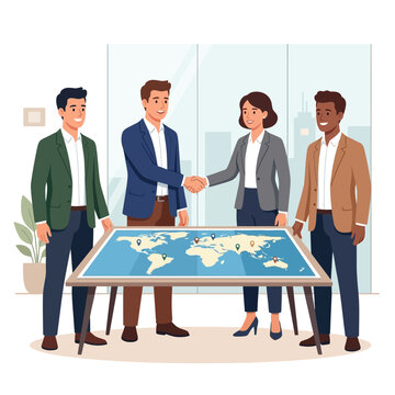Diverse business team shaking hands over a global map, symbolizing international partnership and strategy