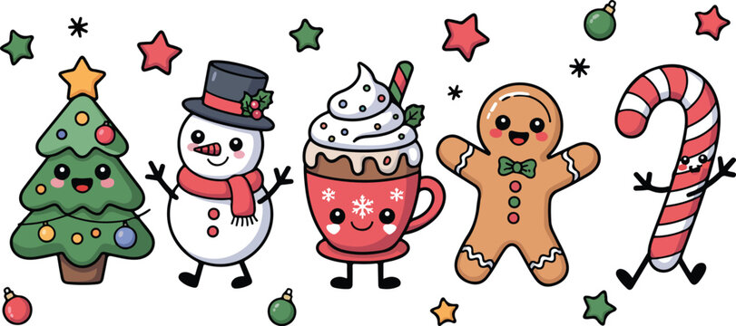 Holiday clipart with cocoa mug, candy cane, and snowman
