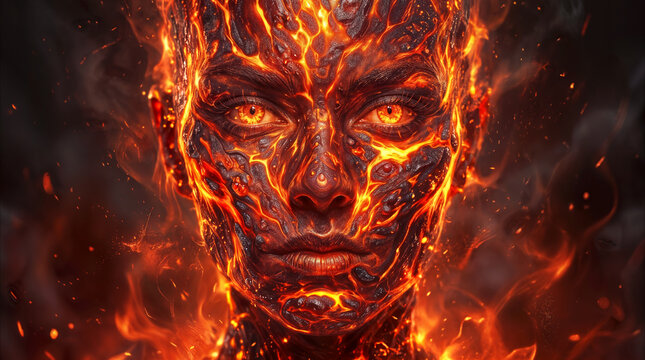 Fiery humanoid face with glowing lava skin and burning eyes. Surreal portrait of a fantasy creature made of molten rock and flames.