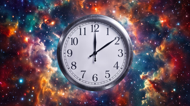 Analog clock floating in deep space against colorful nebula background. Concept of time travel and cosmic infinity.
