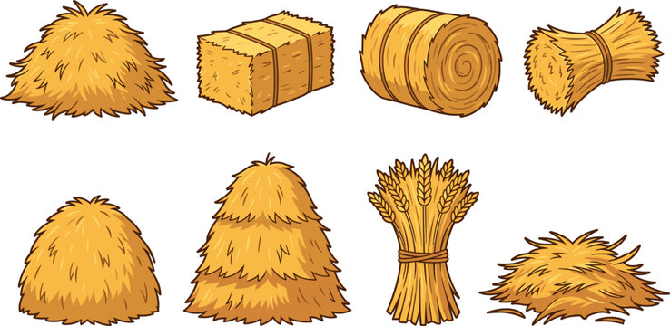 Agricultural Hay Vector Illustration Set Featuring Straw Bales, Haystacks, Round Bales, and Wheat Sheaves for Farm Autumn Harvest Graphics and Countryside Village Designs