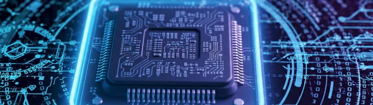 Artificial intelligence and computing power concept central processing unit chip with glowing blue digital data circuits and binary code background futuristic technology hardware.