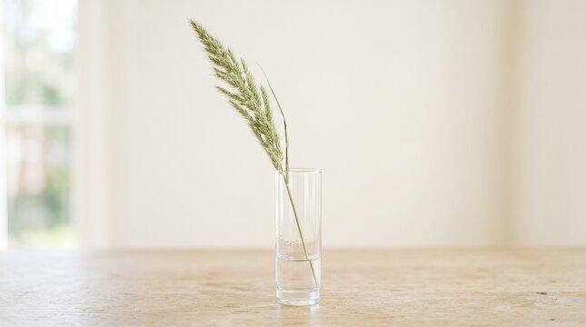 A single stalk of green dried grass in a clear glass vase
