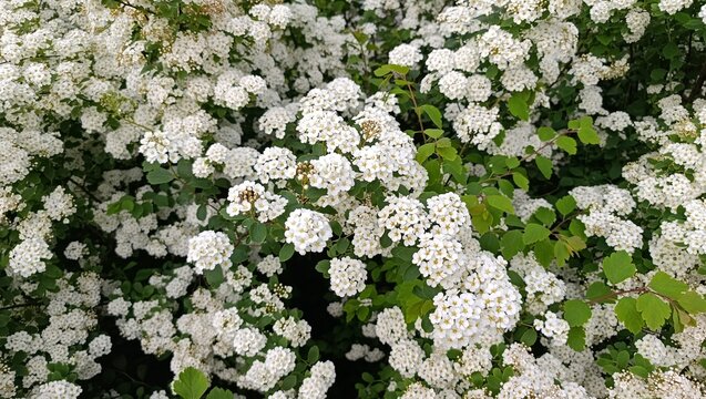 Beautiful white flowers on spirea bush branches