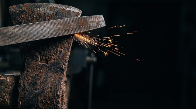 Sharpening Rusty Axe Head with Metal File Sparks