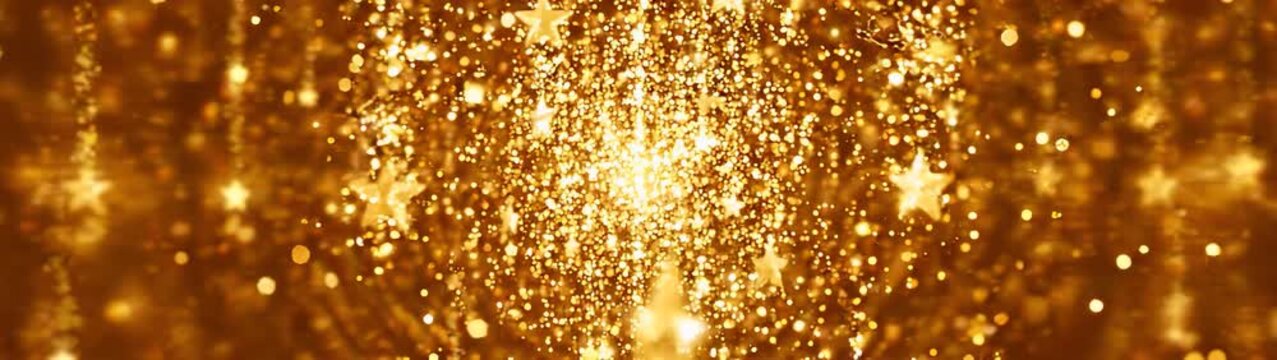 Celebration and luxury concept golden star particles floating in motion festive background for holiday events and awards ceremony bokeh light effect.