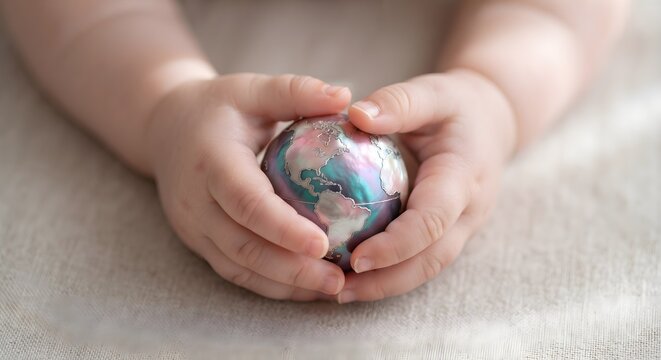 Toddler Hands Holding Mini Earth Globe Sphere Soft Warm Indoor Lighting
