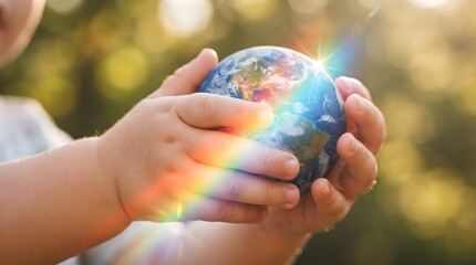 Obraz premium Child Hands Holding Glass Globe with Vibrant Rainbow Sun Flare Prism Reflection