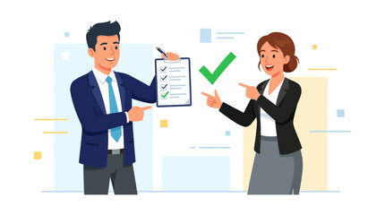 Obraz premium Business Team Success: Checklist Completion and Agreement in Modern Flat Illustration Style