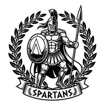 Spartan warrior with shield and spear in laurel wreath emblem