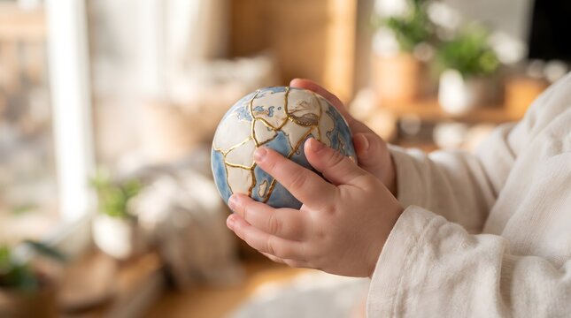 Child Hands Holding Mini Earth Globe Model Near Window Indoor Daylight