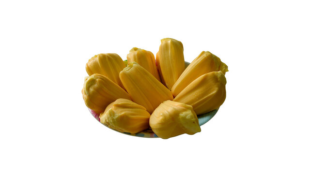 A plate of sweet ripe yellow jackfruit bulbs ready to eat isolated on a white background with tropical fruit exotic fruit raw food vegetarian food vegan diet food photography summer fruit