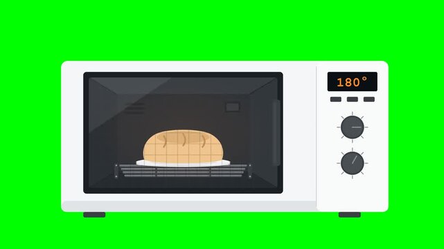A taller white microwave oven with dark glass while off reveals its cavity walls, textured metal rack and a loaf bread seated on a plate glued to the rack when powered on, a knob turns to set 180 degr